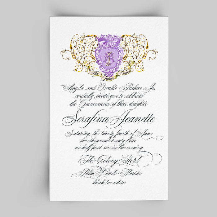 Serafina Invitation Lilac Crest with Antique Interlocking Monogram includes Envelopes