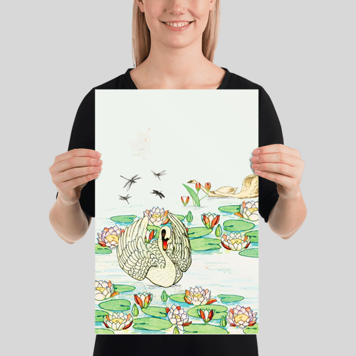 Graceful Swan in a Lily Pond Poster Vintage Swan on a Lotus Pond Tranquil Pond with Dragonfly and Swan
