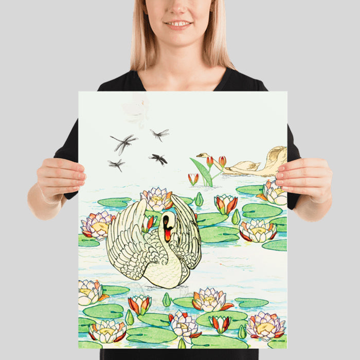 Graceful Swan in a Lily Pond Poster Vintage Swan on a Lotus Pond Tranquil Pond with Dragonfly and Swan
