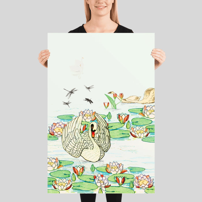 Graceful Swan in a Lily Pond Poster Vintage Swan on a Lotus Pond Tranquil Pond with Dragonfly and Swan