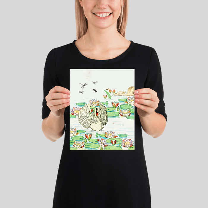 Graceful Swan in a Lily Pond Poster Vintage Swan on a Lotus Pond Tranquil Pond with Dragonfly and Swan